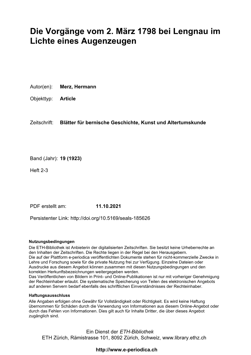 Die Vorgänge Vom 2. März 1798 Bei Lengnau Im Lichte Eines Augenzeugen