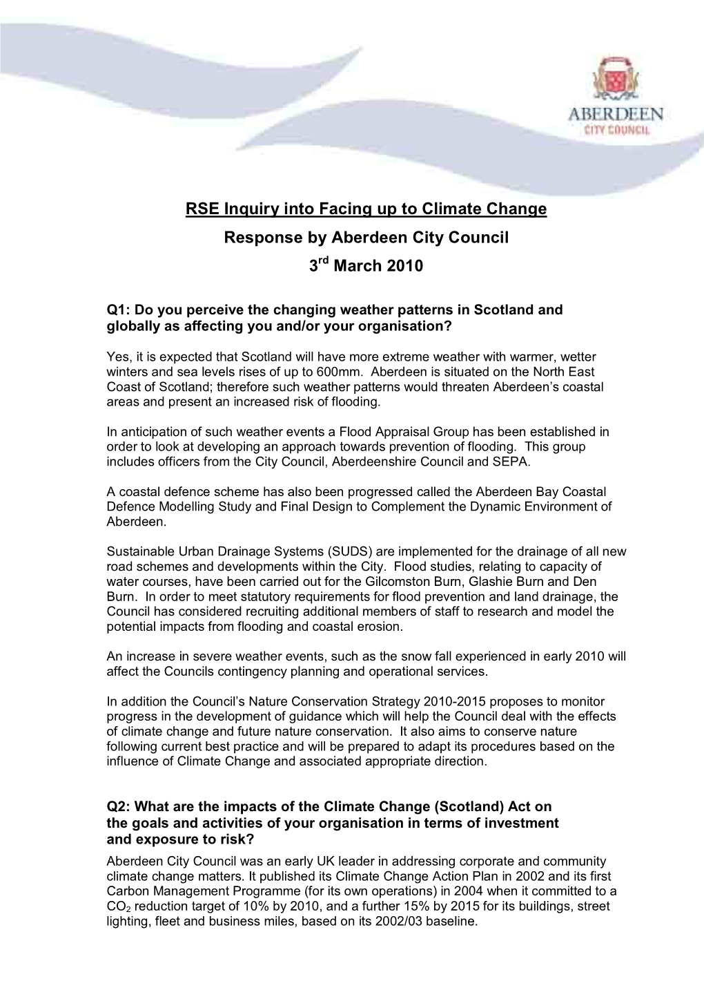 RSE Inquiry Into Facing up to Climate Change Response by Aberdeen City Council 3Rd March 2010