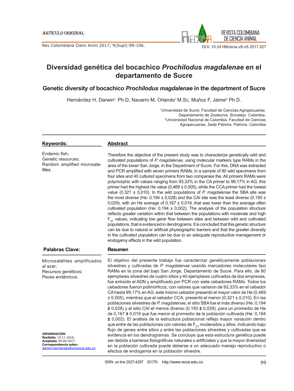 Diversidad Genética Del Bocachico Prochilodus Magdalenae En El Departamento De Sucre