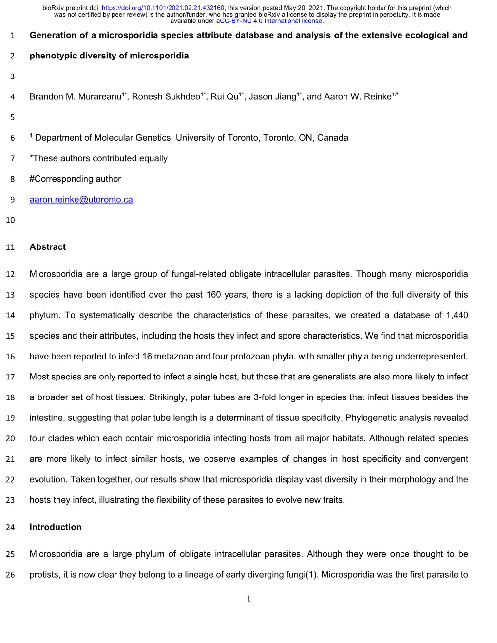 Generation of a Microsporidia Species Attribute Database and Analysis of the Extensive Ecological And