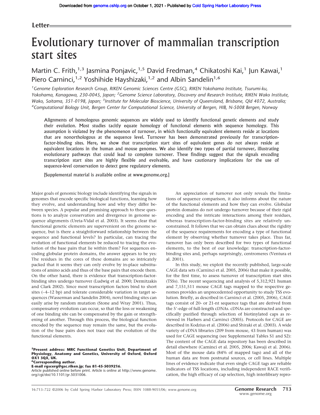 Evolutionary Turnover of Mammalian Transcription Start Sites