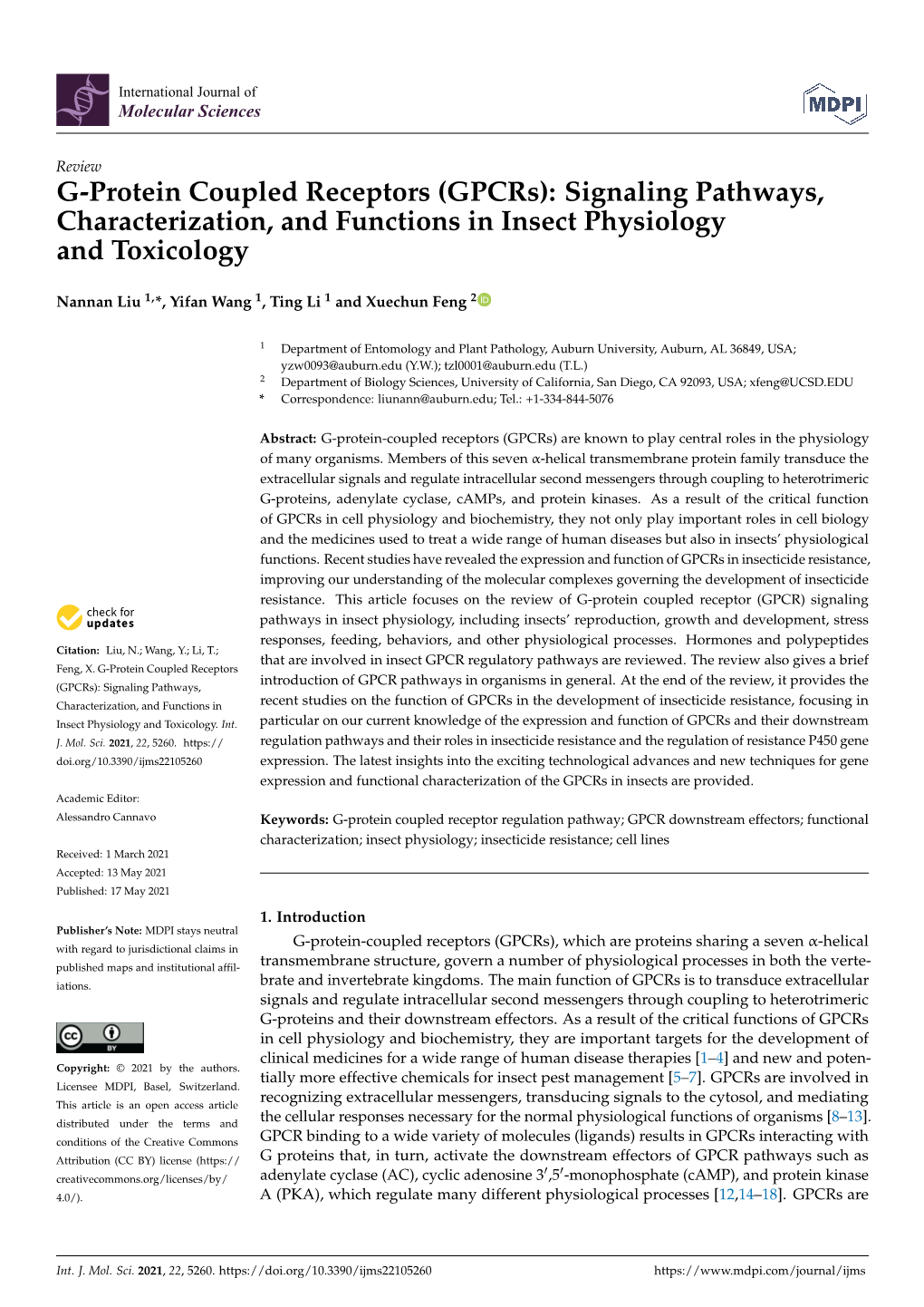 G-Protein Coupled Receptors (Gpcrs): Signaling Pathways, Characterization, and Functions in Insect Physiology and Toxicology