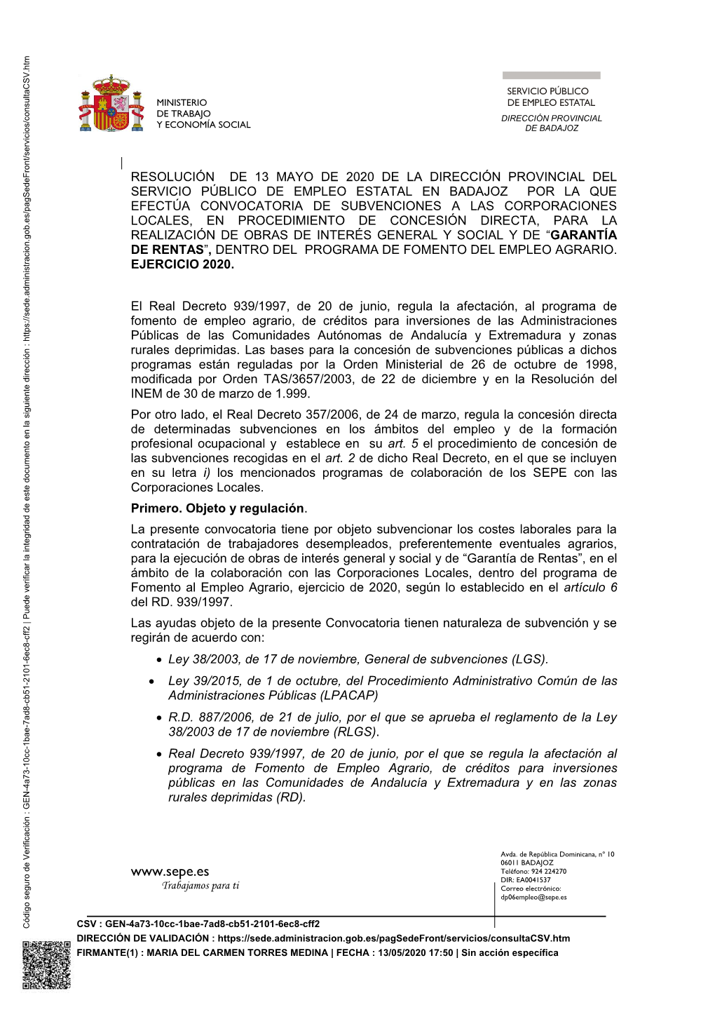 Teléfono: 924 224270 DIR: EA0041537 Trabajamos Para Ti Correo Electrónico: Dp06empleo@Sepe.Es