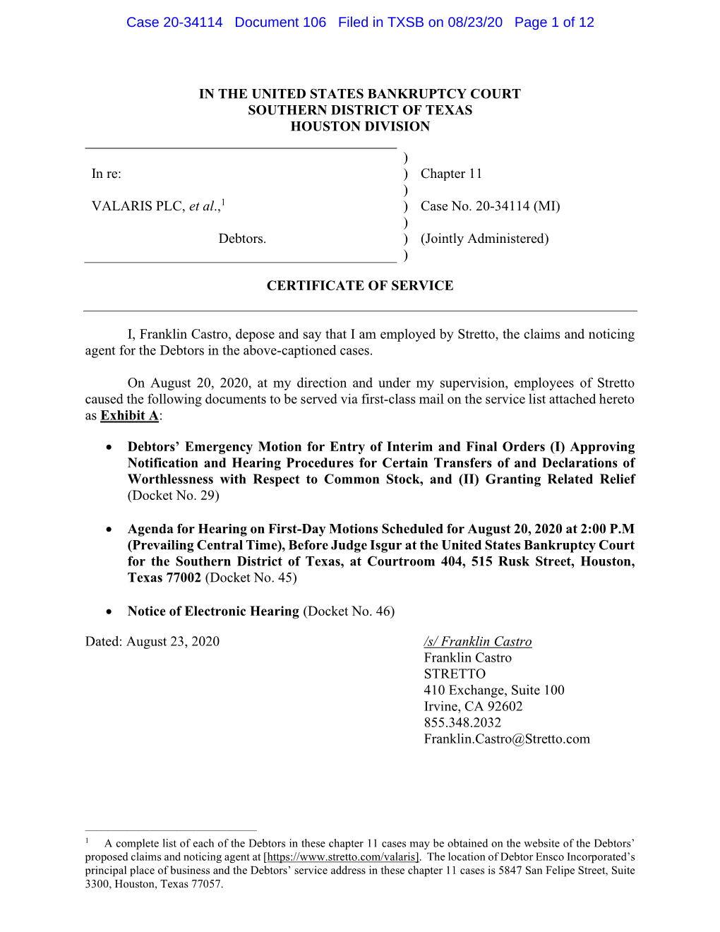 Case 20-34114 Document 106 Filed in TXSB on 08/23/20 Page 1 of 12
