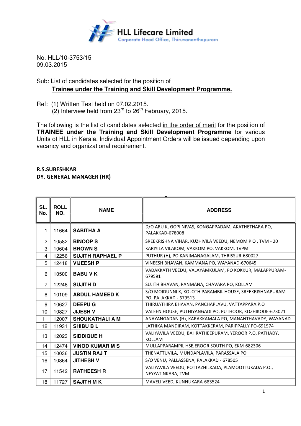 No. HLL/10-3753/15 09.03.2015 Sub: List of Candidates Selected for The