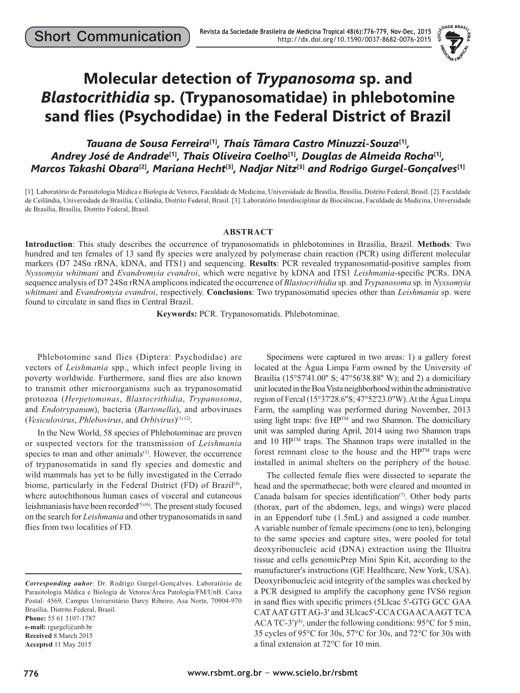 Molecular Detection of Trypanosoma Sp. and Blastocrithidia Sp