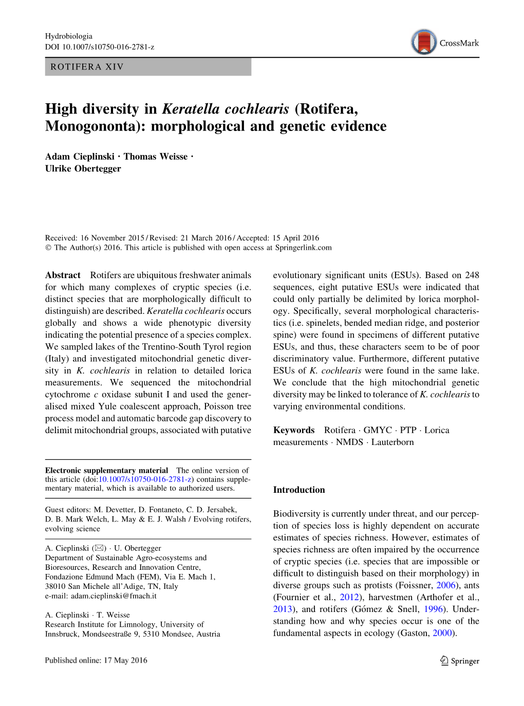 High Diversity in Keratella Cochlearis (Rotifera, Monogononta): Morphological and Genetic Evidence