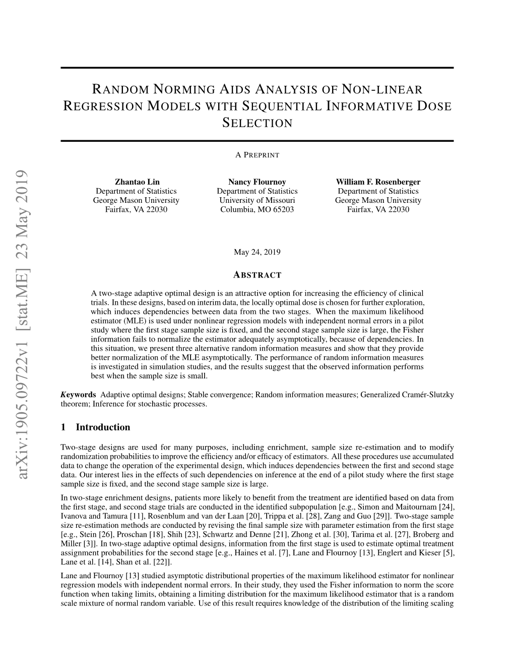 Arxiv:1905.09722V1 [Stat.ME] 23 May 2019 Sample Size Is ﬁxed, and the Second Stage Sample Size Is Large