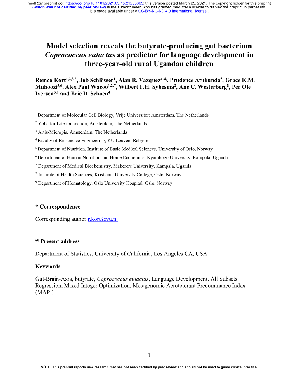 Model Selection Reveals the Butyrate-Producing Gut Bacterium Coprococcus Eutactus As Predictor for Language Development in Three-Year-Old Rural Ugandan Children