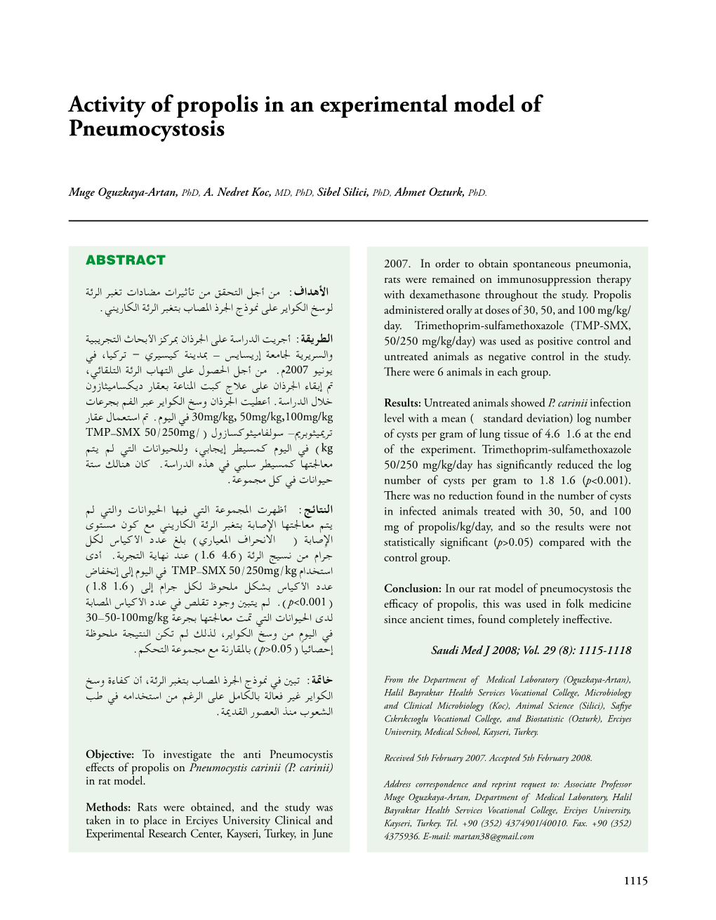 Activity of Propolis in an Experimental Model of Pneumocystosis