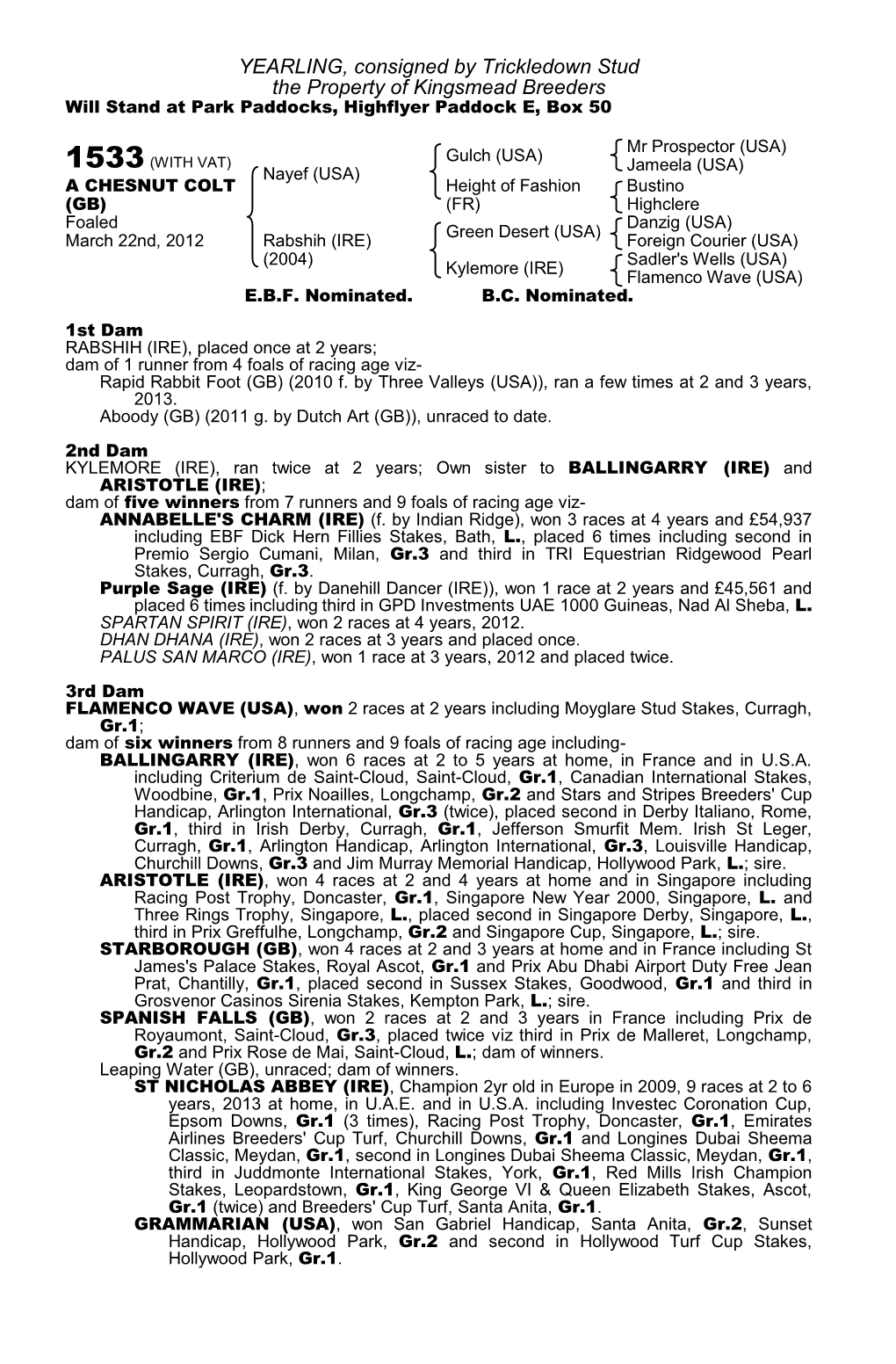 YEARLING, Consigned by Trickledown Stud the Property of Kingsmead Breeders Will Stand at Park Paddocks, Highflyer Paddock E, Box 50