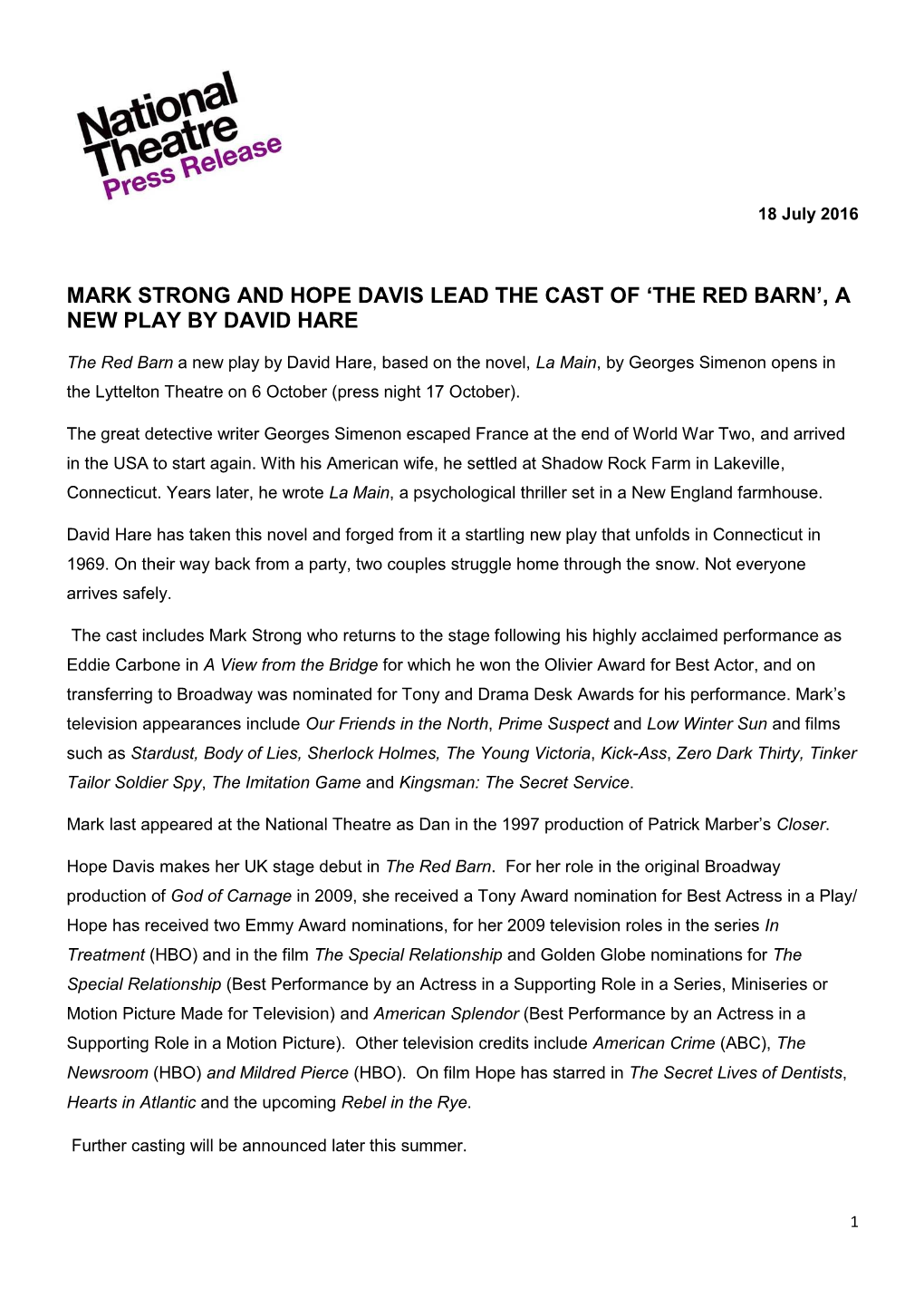 Mark Strong and Hope Davis Lead the Cast of 'The Red