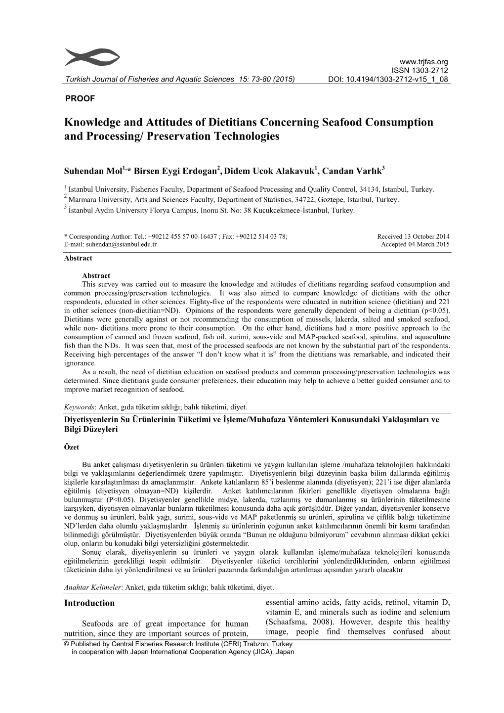 Knowledge and Attitudes of Dietitians Concerning Seafood Consumption and Processing/ Preservation Technologies