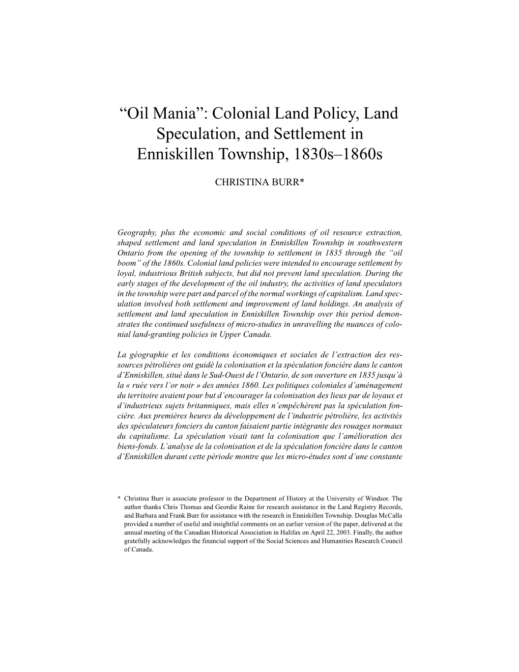 Colonial Land Policy, Land Speculation, and Settlement in Enniskillen Township, 1830S–1860S