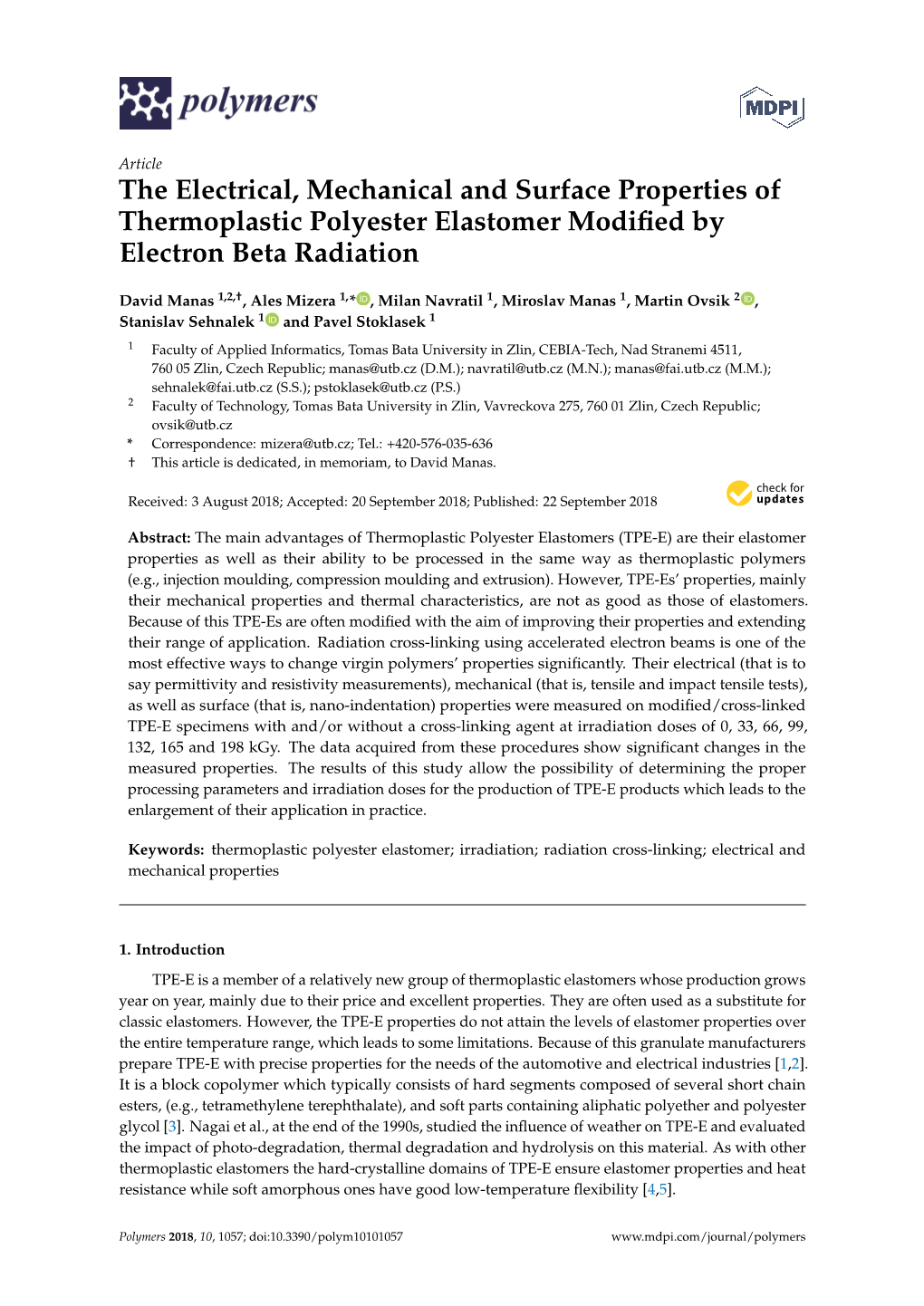 The Electrical, Mechanical and Surface Properties of Thermoplastic Polyester Elastomer Modiﬁed by Electron Beta Radiation