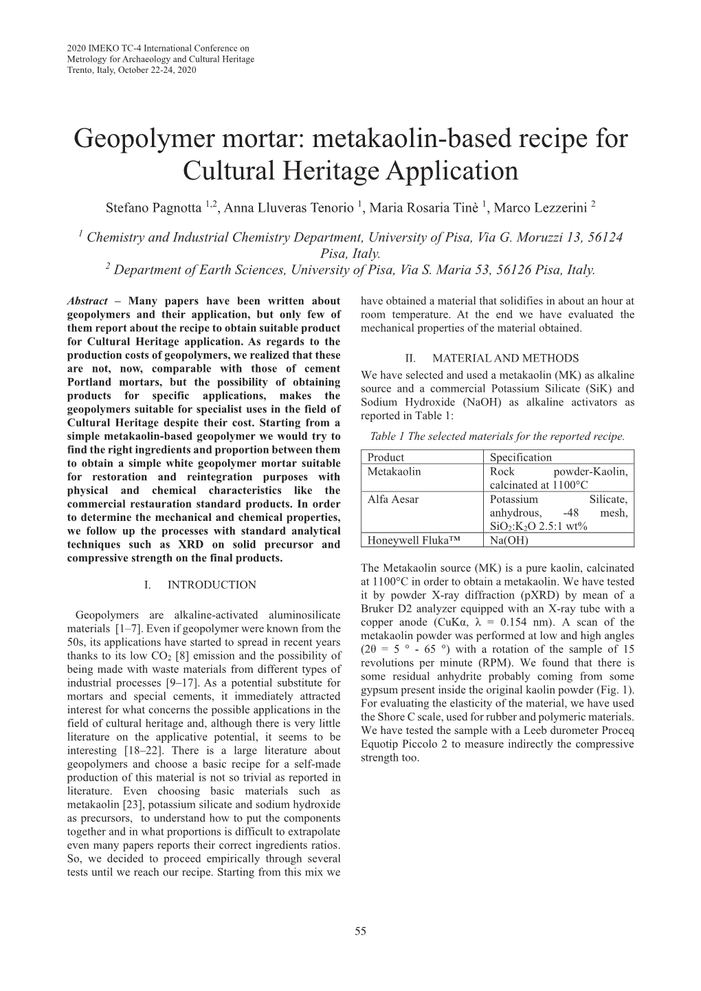 Metakaolin-Based Recipe for Cultural Heritage Application