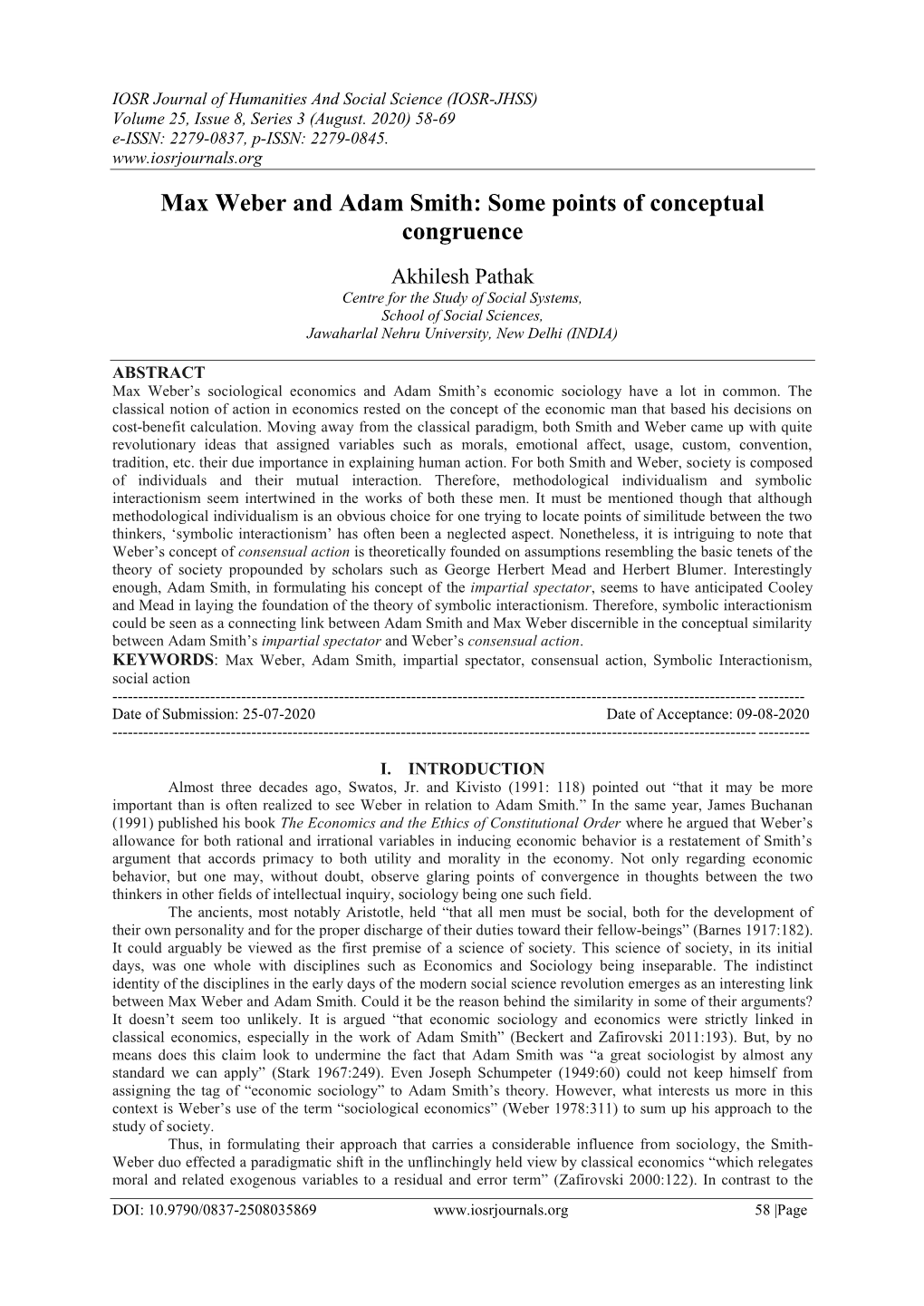 Max Weber and Adam Smith: Some Points of Conceptual Congruence