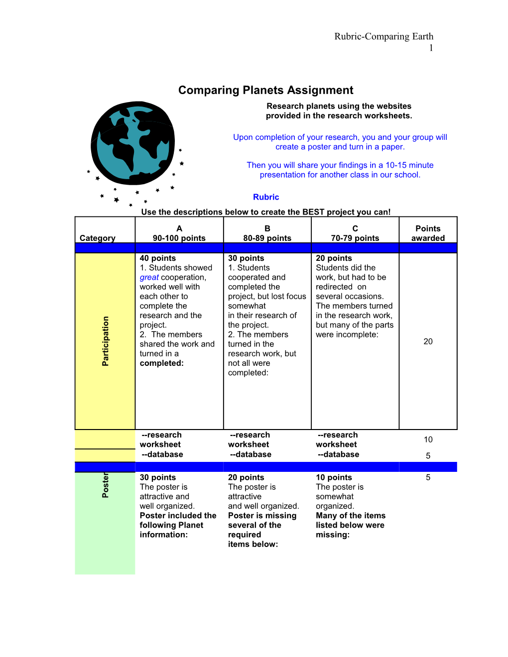 Comparing Planets Assignment