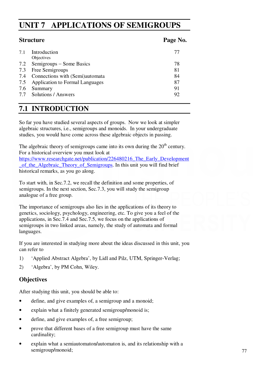 UNIT 7 APPLICATIONS of SEMIGROUPS Semigroups