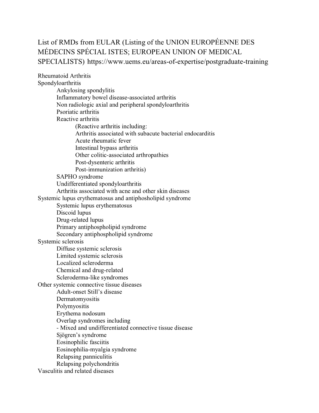 List of Rmds from EULAR