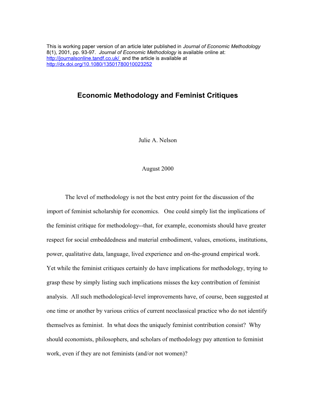 Economic Methodology and Feminist Critiques