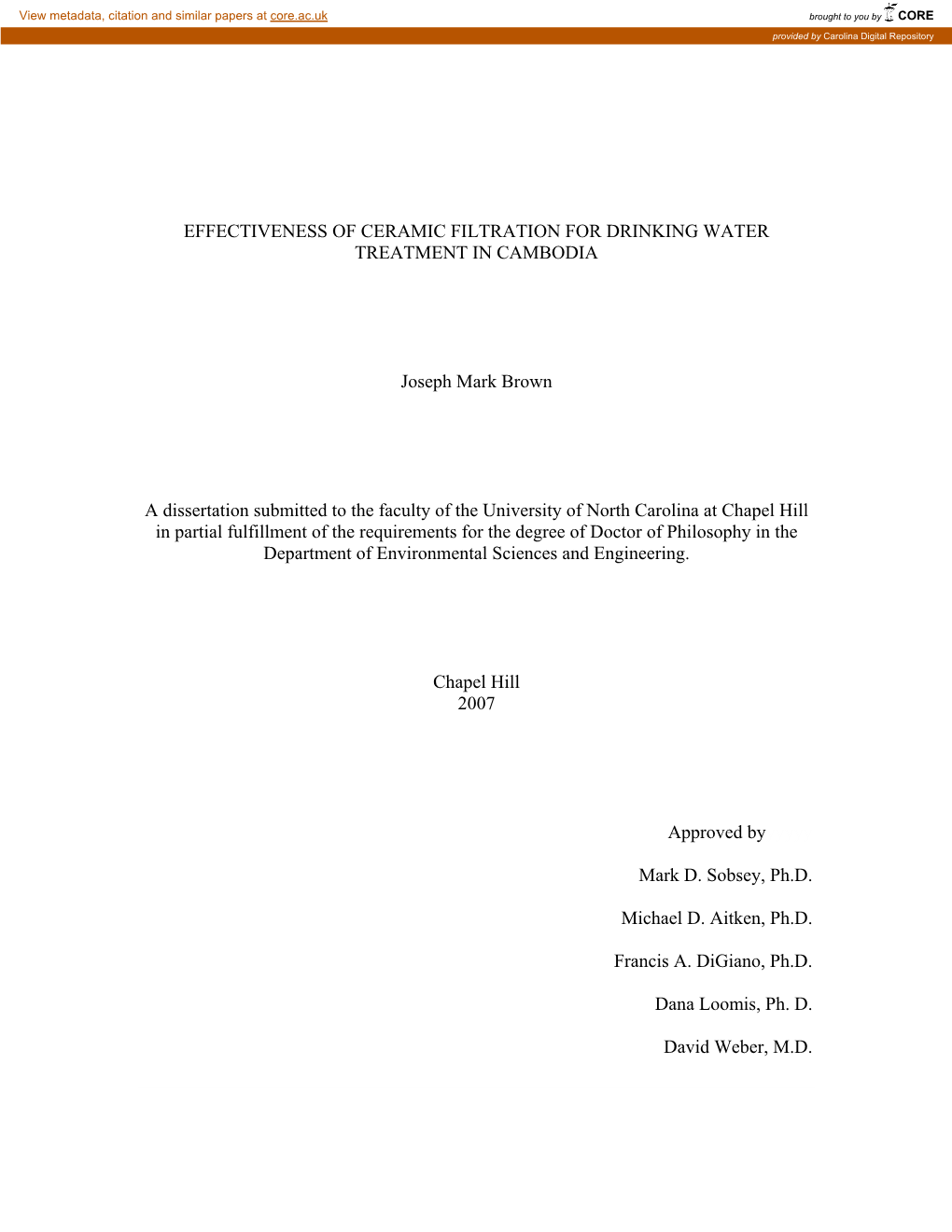 Effectiveness of Ceramic Filtration for Drinking Water Treatment in Cambodia