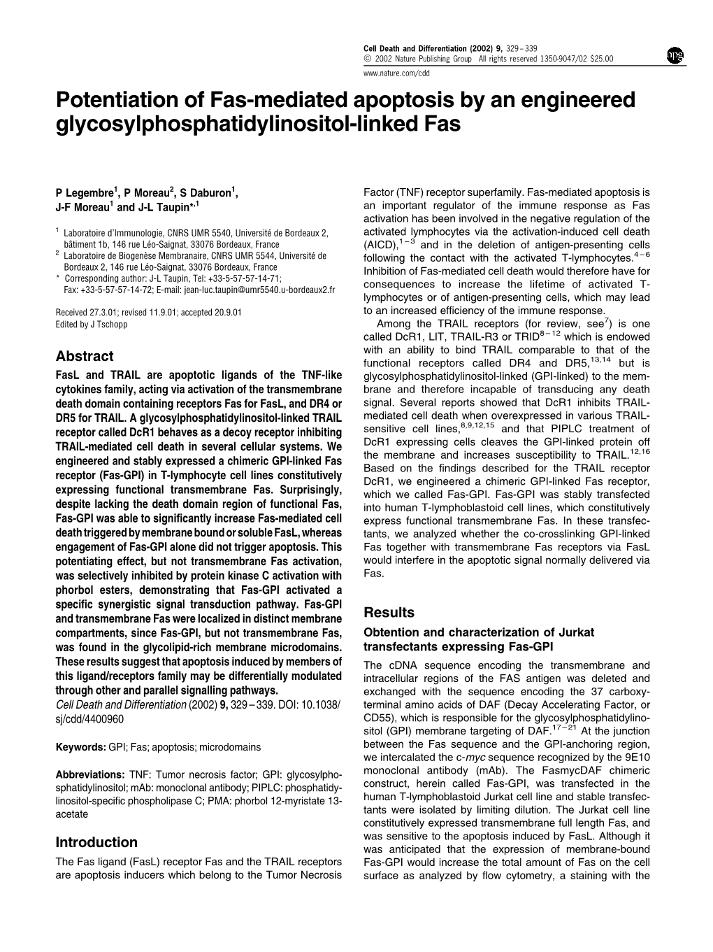 Potentiation of Fas-Mediated Apoptosis by an Engineered Glycosylphosphatidylinositol-Linked Fas