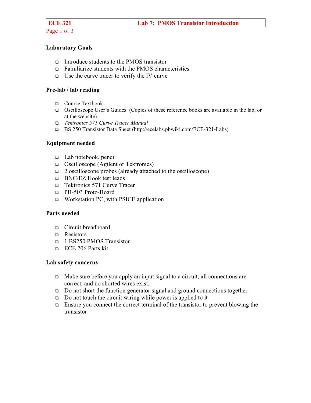 ECE 321 Lab 7: PMOS Transistor Introduction