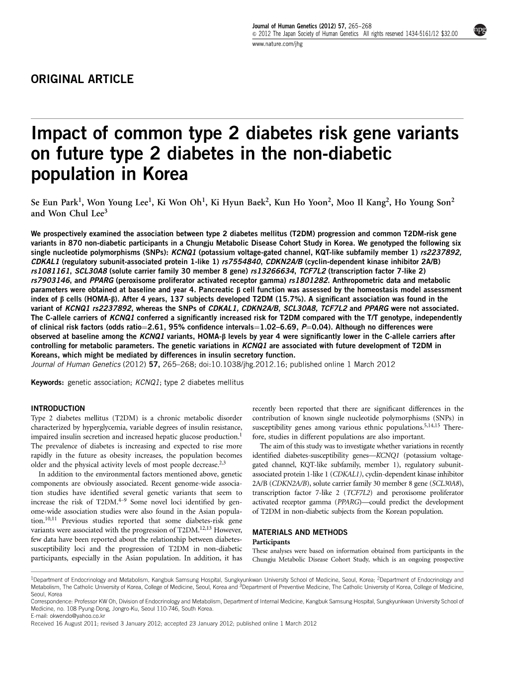 Impact of Common Type 2 Diabetes Risk Gene Variants on Future Type 2 Diabetes in the Non-Diabetic Population in Korea