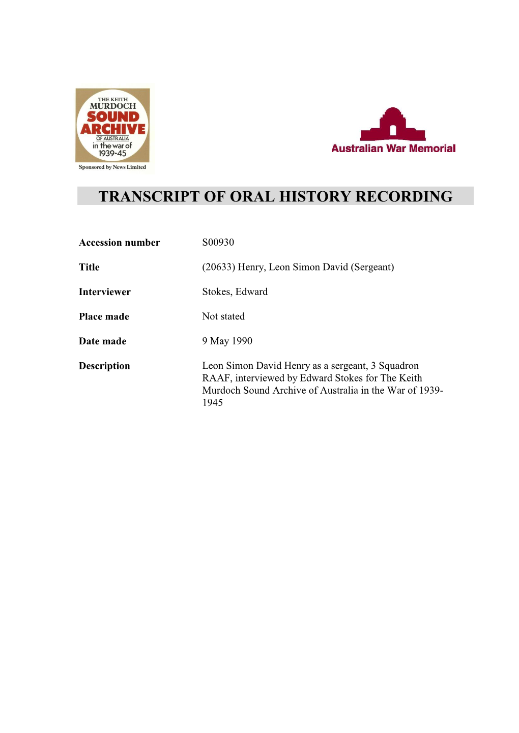 Transcript of Oral History Recording