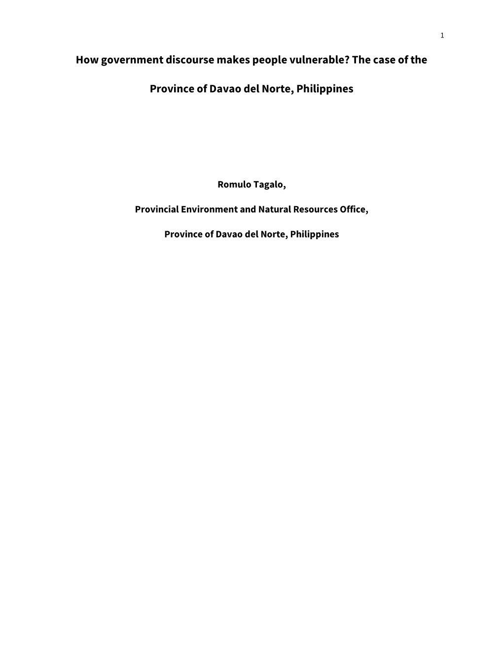 The Case of the Province of Davao Del Norte, Philippines