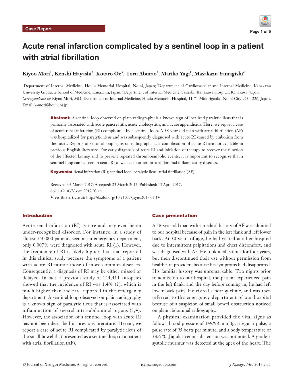 Acute Renal Infarction Complicated by a Sentinel Loop in a Patient with Atrial Fibrillation