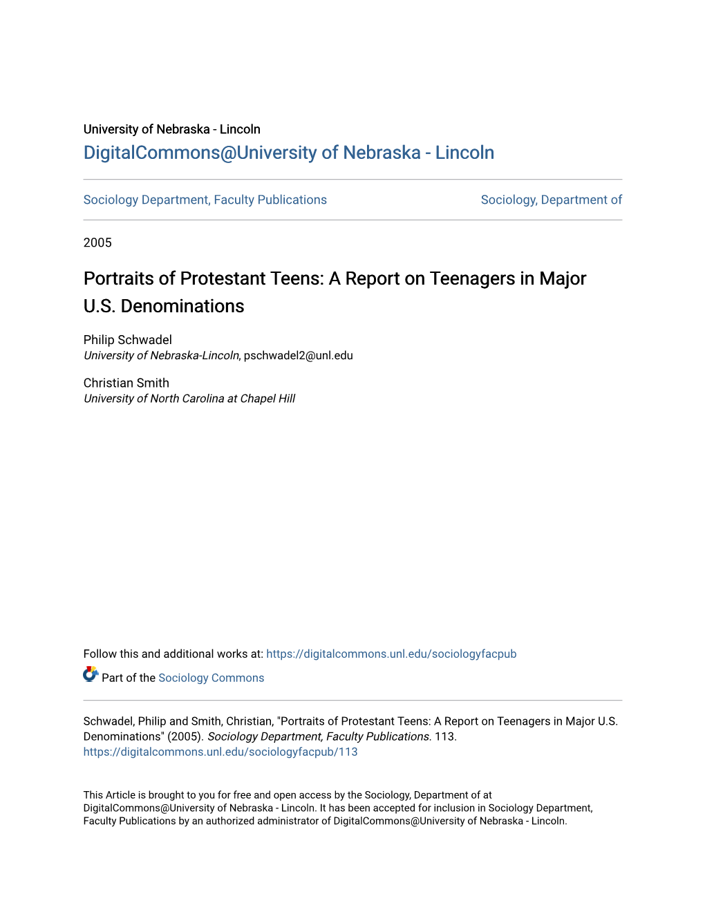 Portraits of Protestant Teens: a Report on Teenagers in Major U.S