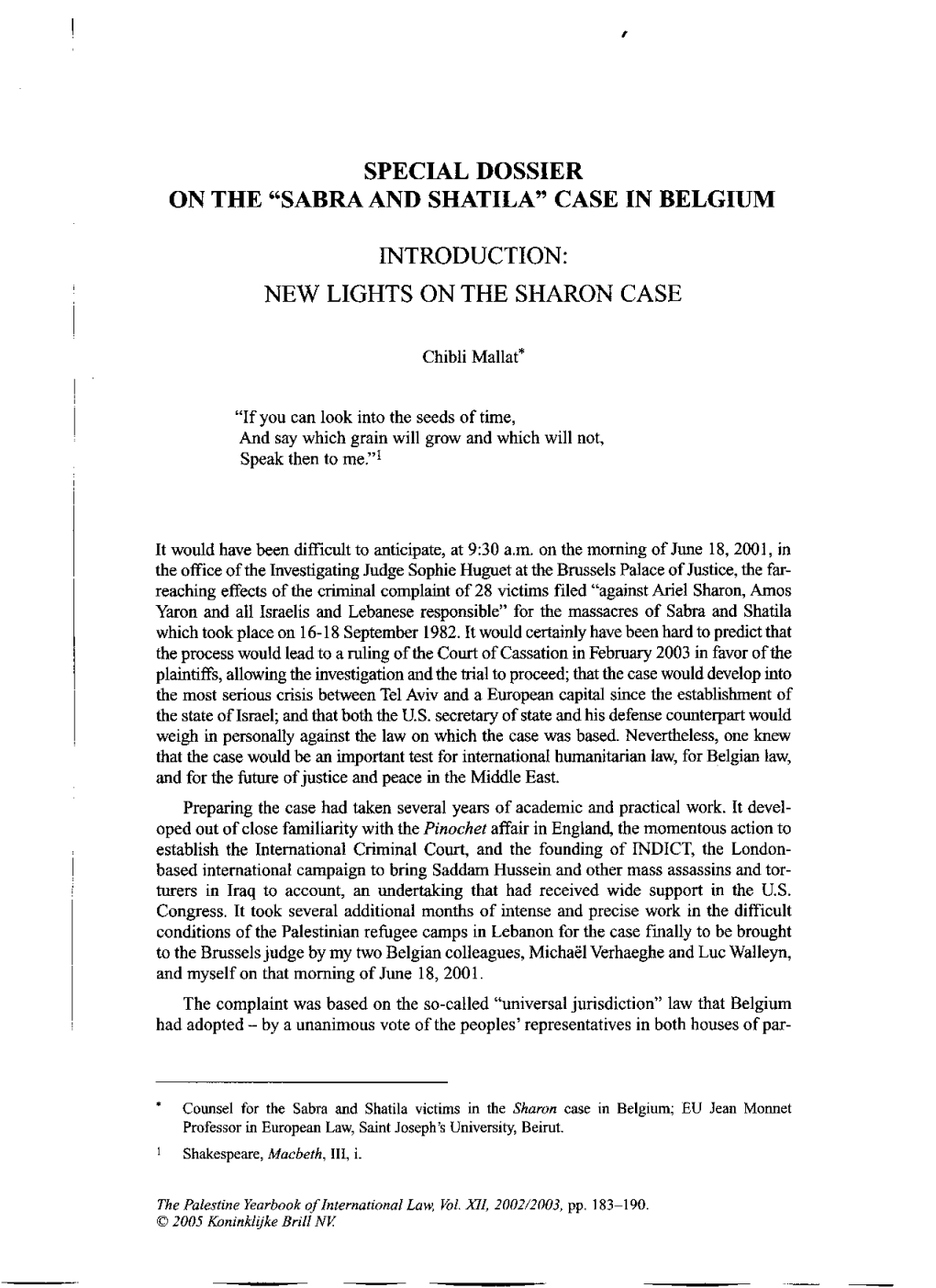Special Dossier on the "Sabra and Shatila" Case in Belgium
