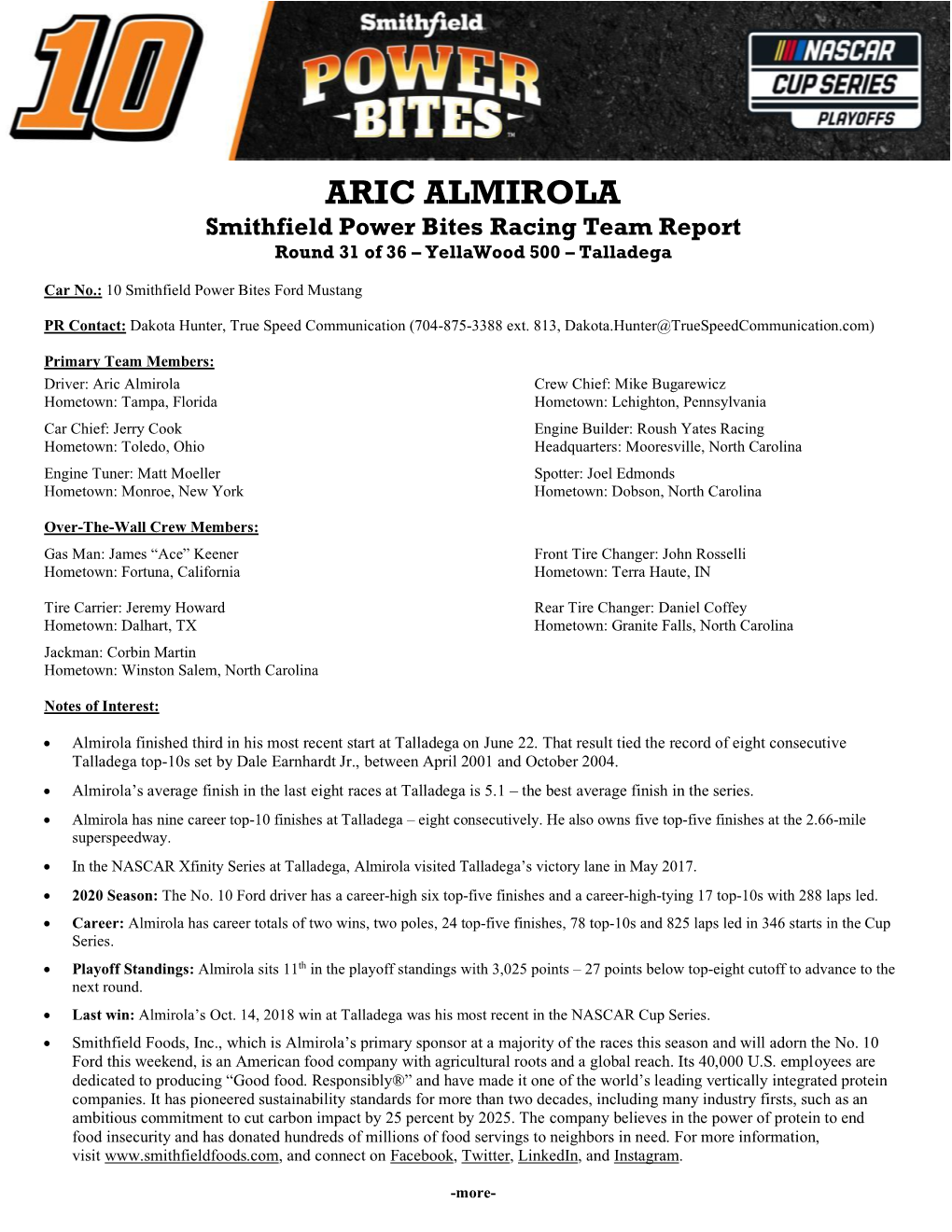 ARIC ALMIROLA Smithfield Power Bites Racing Team Report Round 31 of 36 – Yellawood 500 – Talladega