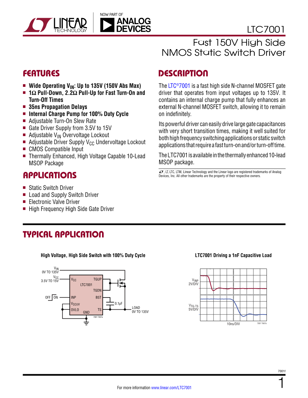 LTC7001 Fast 150V High Side NMOS Static Switch Driver