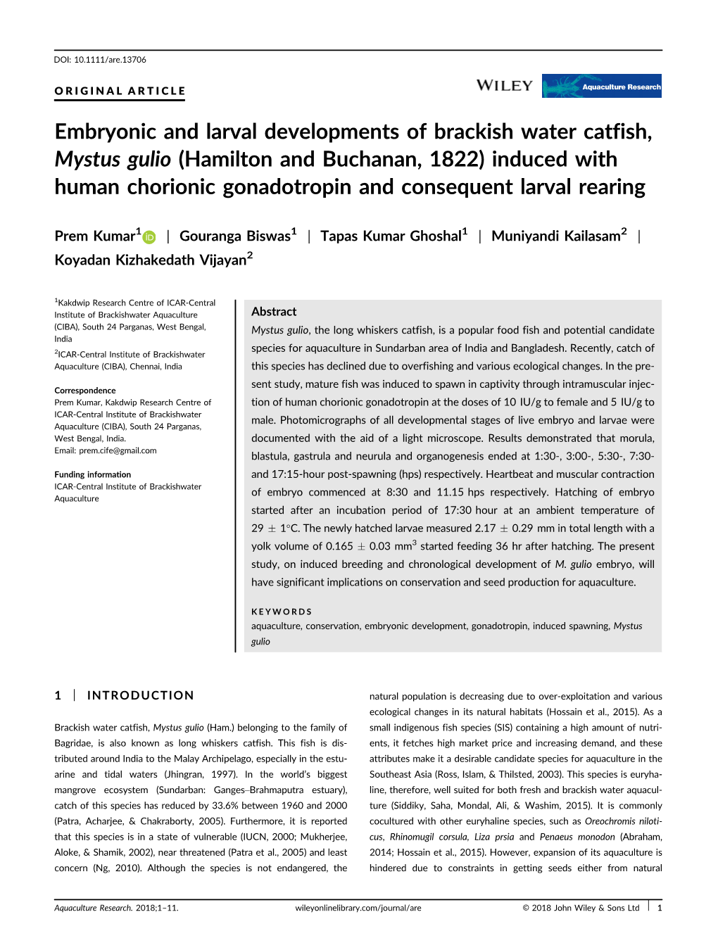 Embryonic and Larval Developments of Brackish Water Catfish, Mystus Gulio