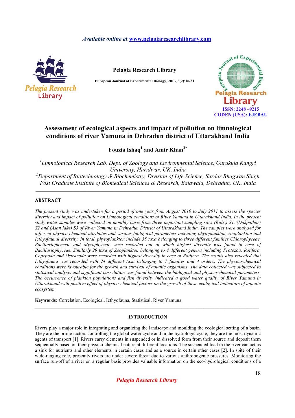 Assessment of Ecological Aspects and Impact of Pollution on Limnological Conditions of River Yamuna in Dehradun District of Uttarakhand India