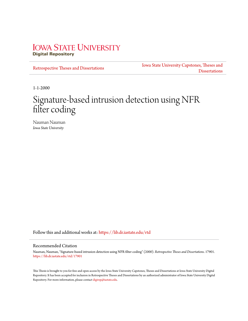 Signature-Based Intrusion Detection Using NFR Filter Coding Nauman Nauman Iowa State University