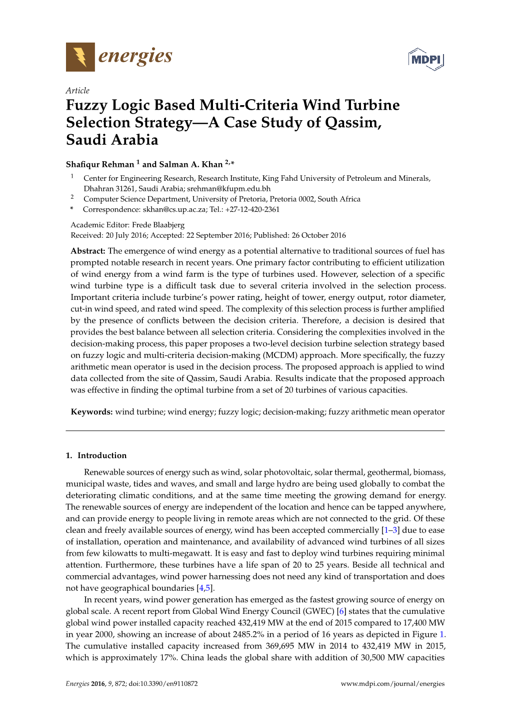 Fuzzy Logic Based Multi-Criteria Wind Turbine Selection Strategy—A Case Study of Qassim, Saudi Arabia