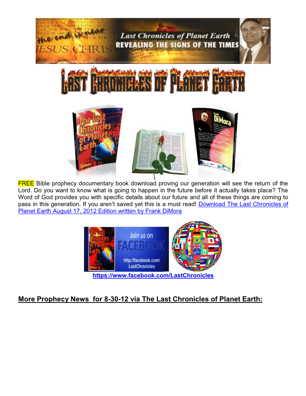 More Prophecy News for 8-30-12 Via the Last Chronicles of Planet Earth