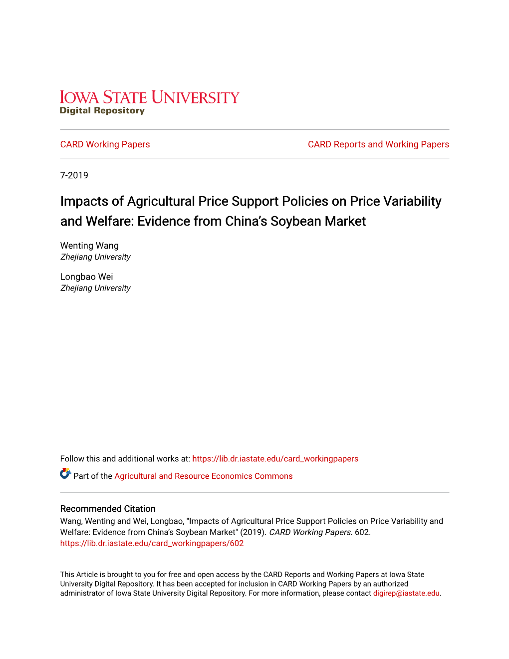 Impacts of Agricultural Price Support Policies on Price Variability and Welfare: Evidence from China’S Soybean Market