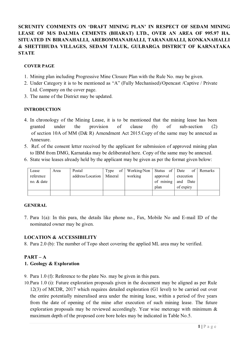 In Respect of Sedam Mining Lease of M/S Dalmia Cements (Bharat) Ltd., Over an Area of 995.97 Ha