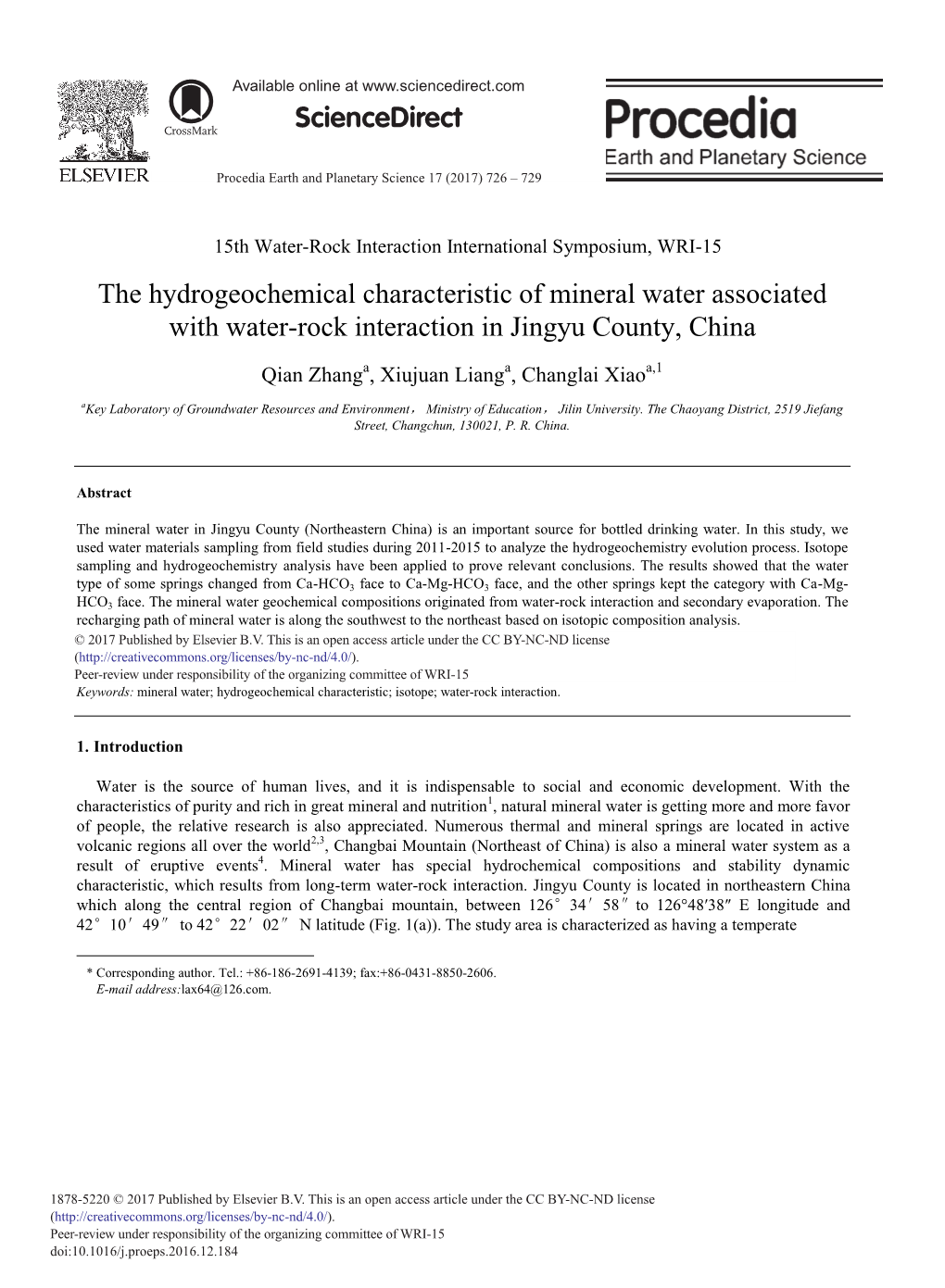 The Hydrogeochemical Characteristic of Mineral Water Associated with Water-Rock Interaction in Jingyu County, China
