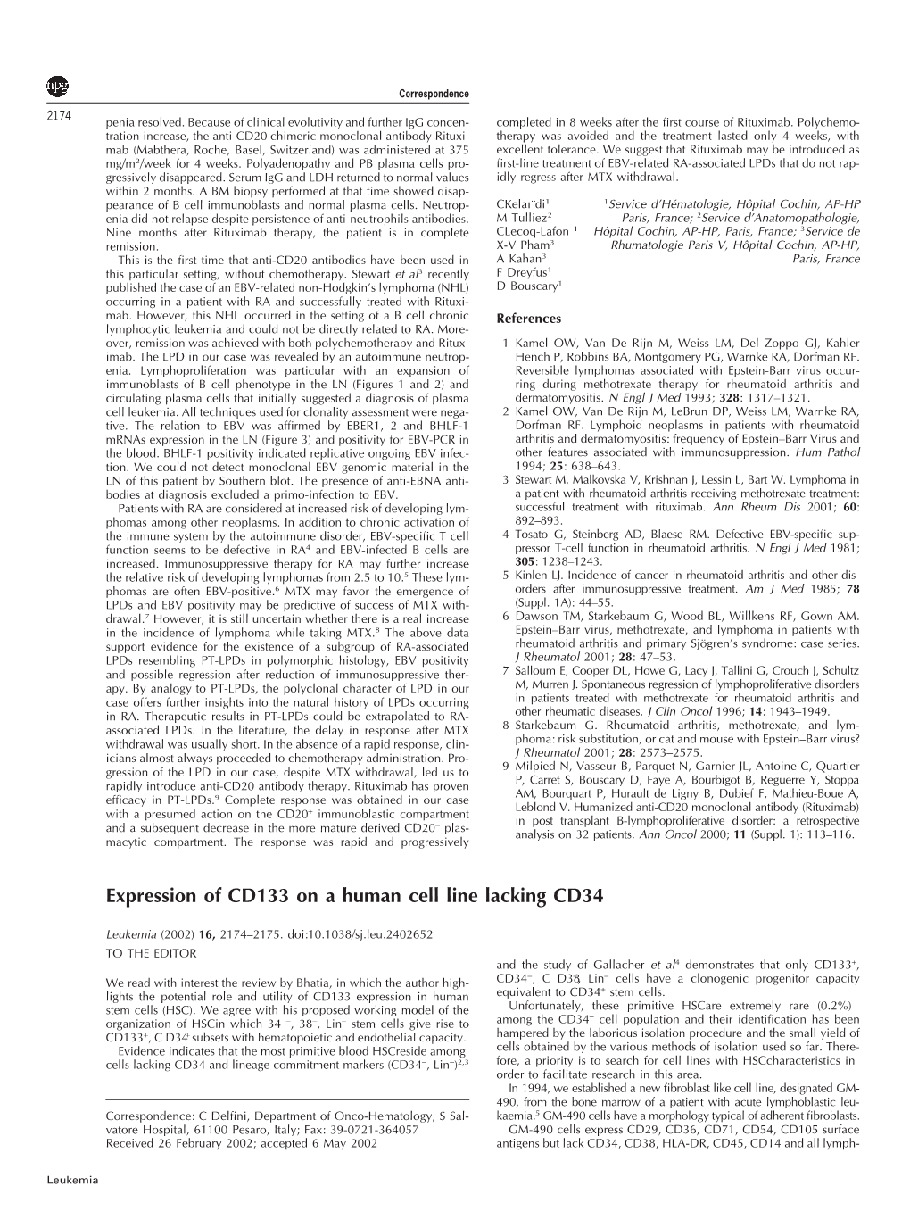 Expression of CD133 on a Human Cell Line Lacking CD34