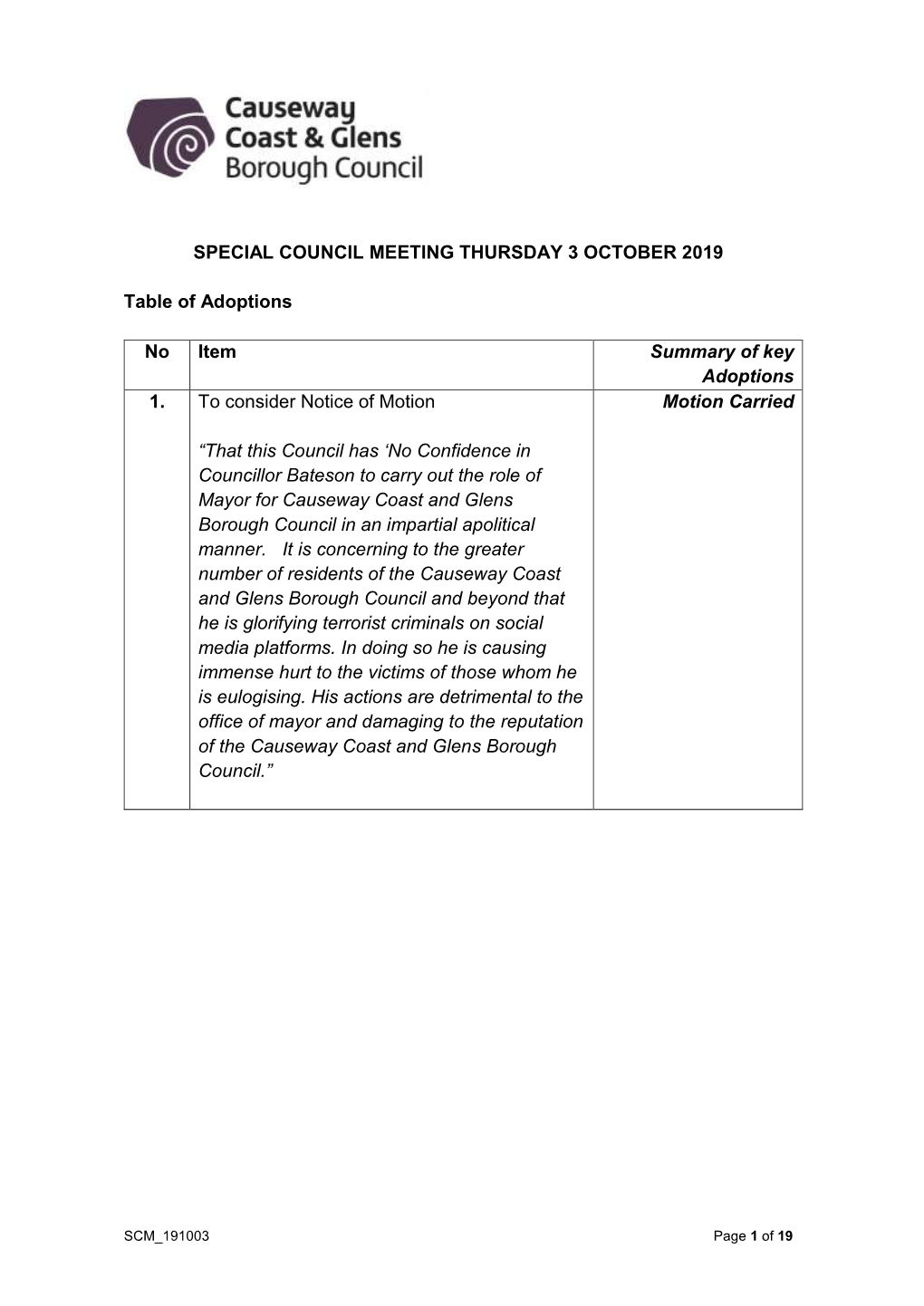 Special Council Meeting Thursday 3 October 2019