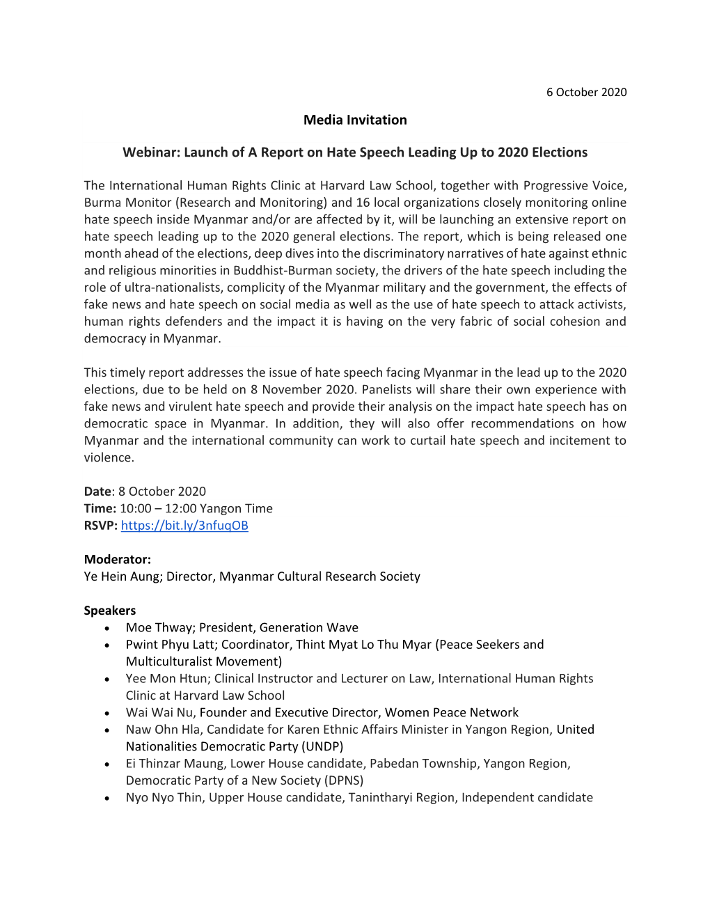 Media Invitation Webinar: Launch of a Report on Hate Speech Leading Up