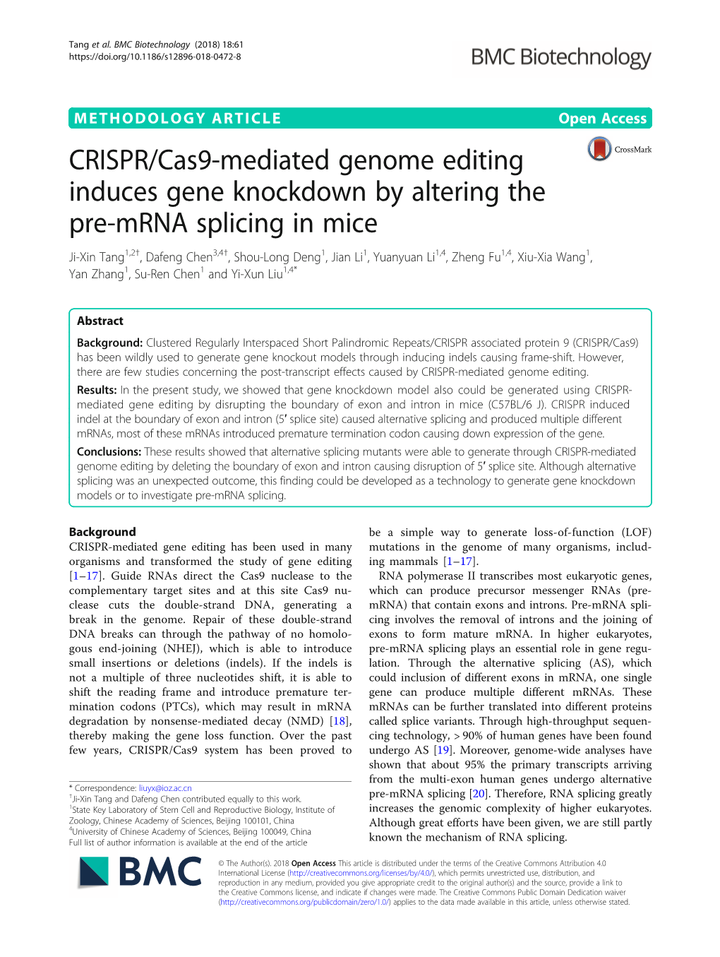 CRISPR/Cas9-Mediated Genome Editing Induces Gene Knockdown By