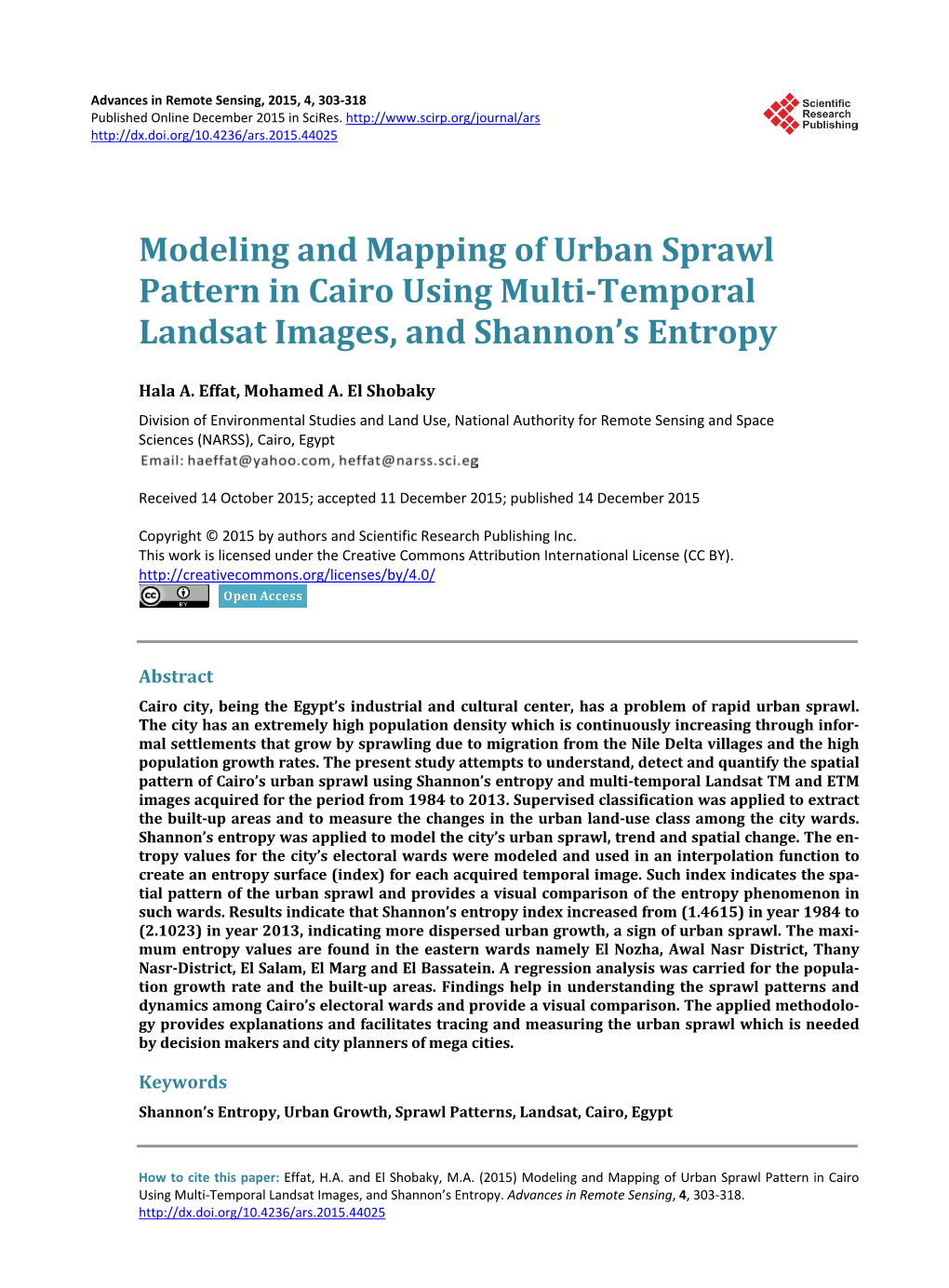 Modeling and Mapping of Urban Sprawl Pattern in Cairo Using Multi-Temporal Landsat Images, and Shannon’S Entropy