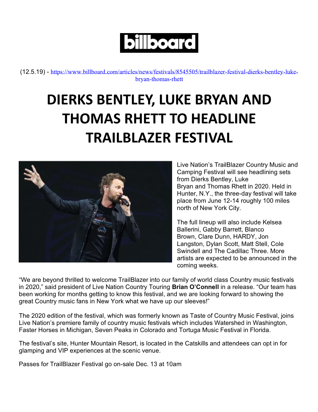 Dierks Bentley, Luke Bryan and Thomas Rhett to Headline Trailblazer Festival